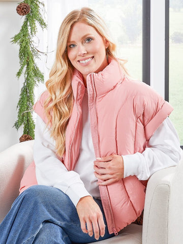 Cropped Down Vest-Pink