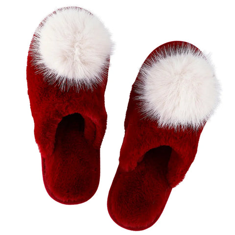 Plush Slippers W/Pom Pom-Burgandy/White