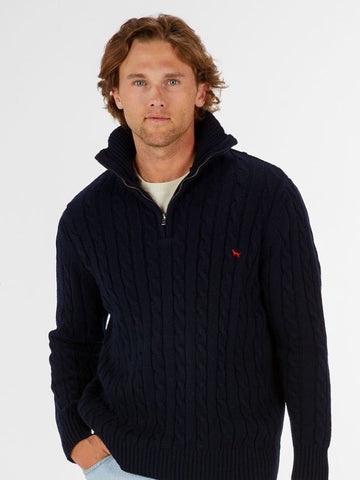 Men's Quarter Zip Cable Neck Sweater-Navy