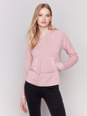 Plushy Raglan Sleeve Hoodie Sweater W/Kangaroo Pocket-Rose