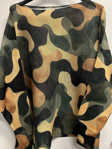 Camo Round Knit Printed Sweater-Olive