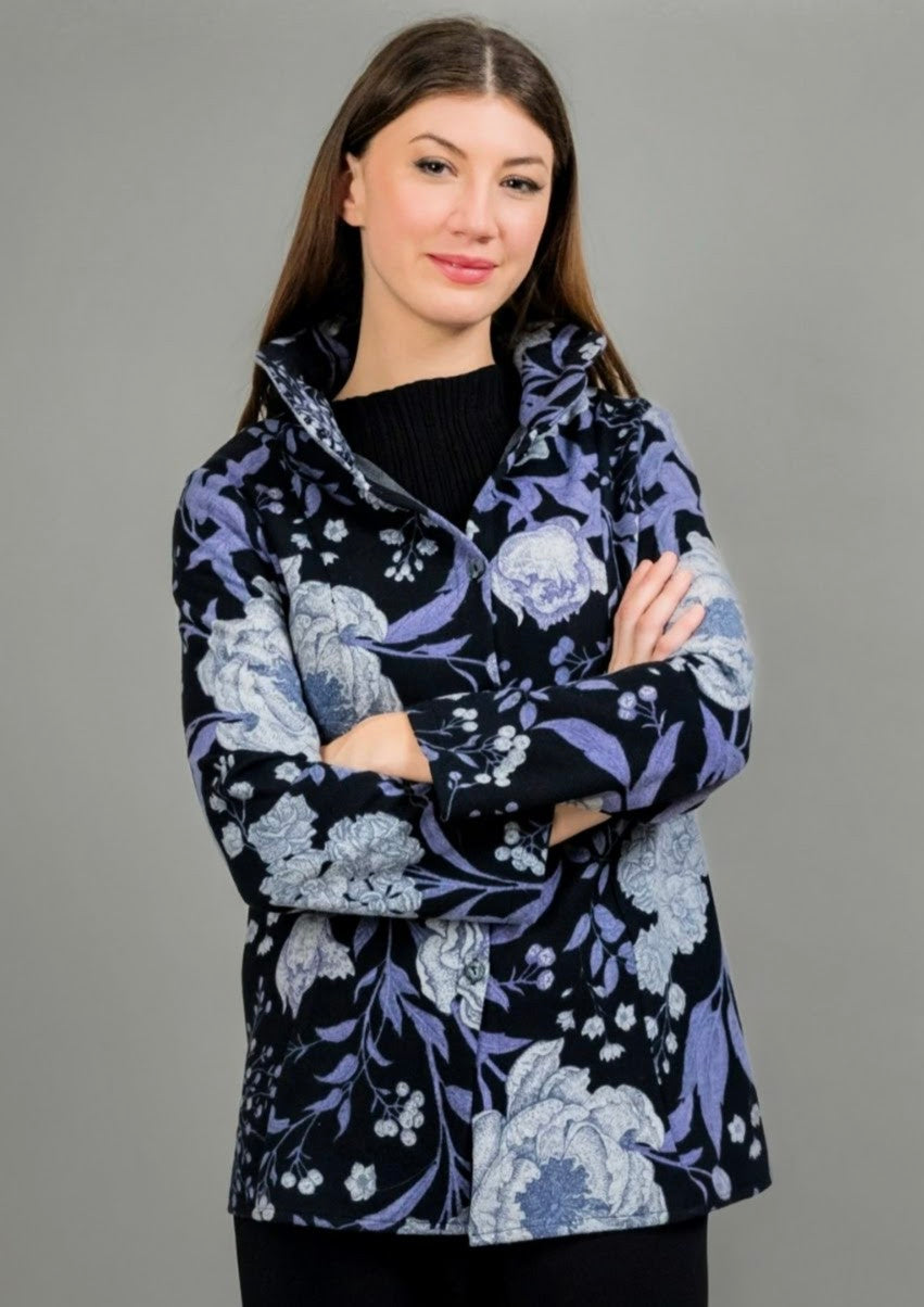 Mid Length A-Line Wire Collar Jacket-Black/Purple