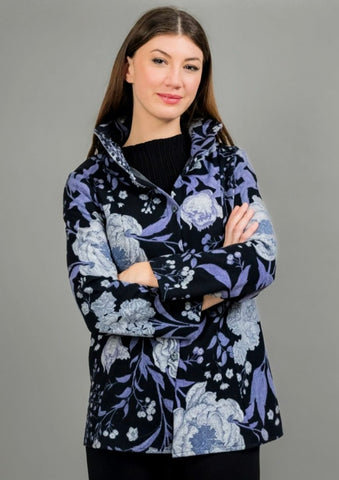 Mid Length A-Line Wire Collar Jacket-Black/Purple