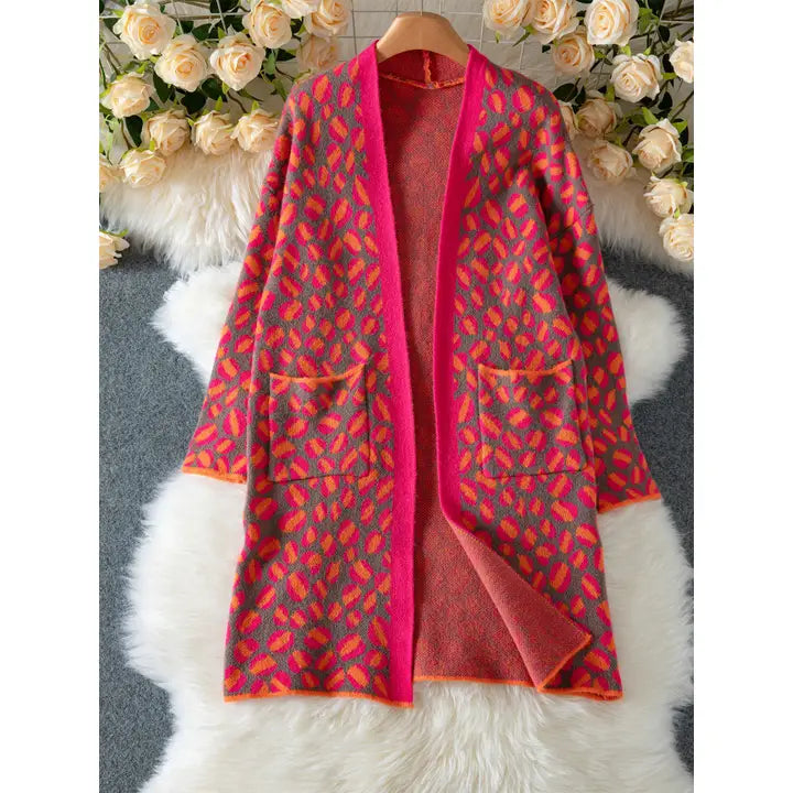 Winter Pocket Open Front Leopard Print Long Knit Cardigan