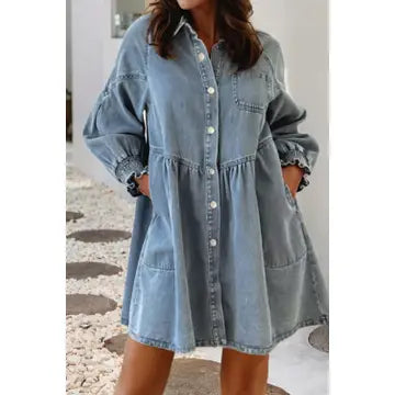 Smocked Cuff Flared Denim Mini Dress-Blue