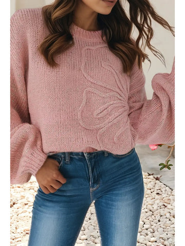 Big Flower Accent Bubble Sleeve Drop Shoulder Sweater-Pink