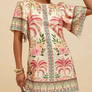Retro Exotic Tropical Flair Shift Dress-Cream