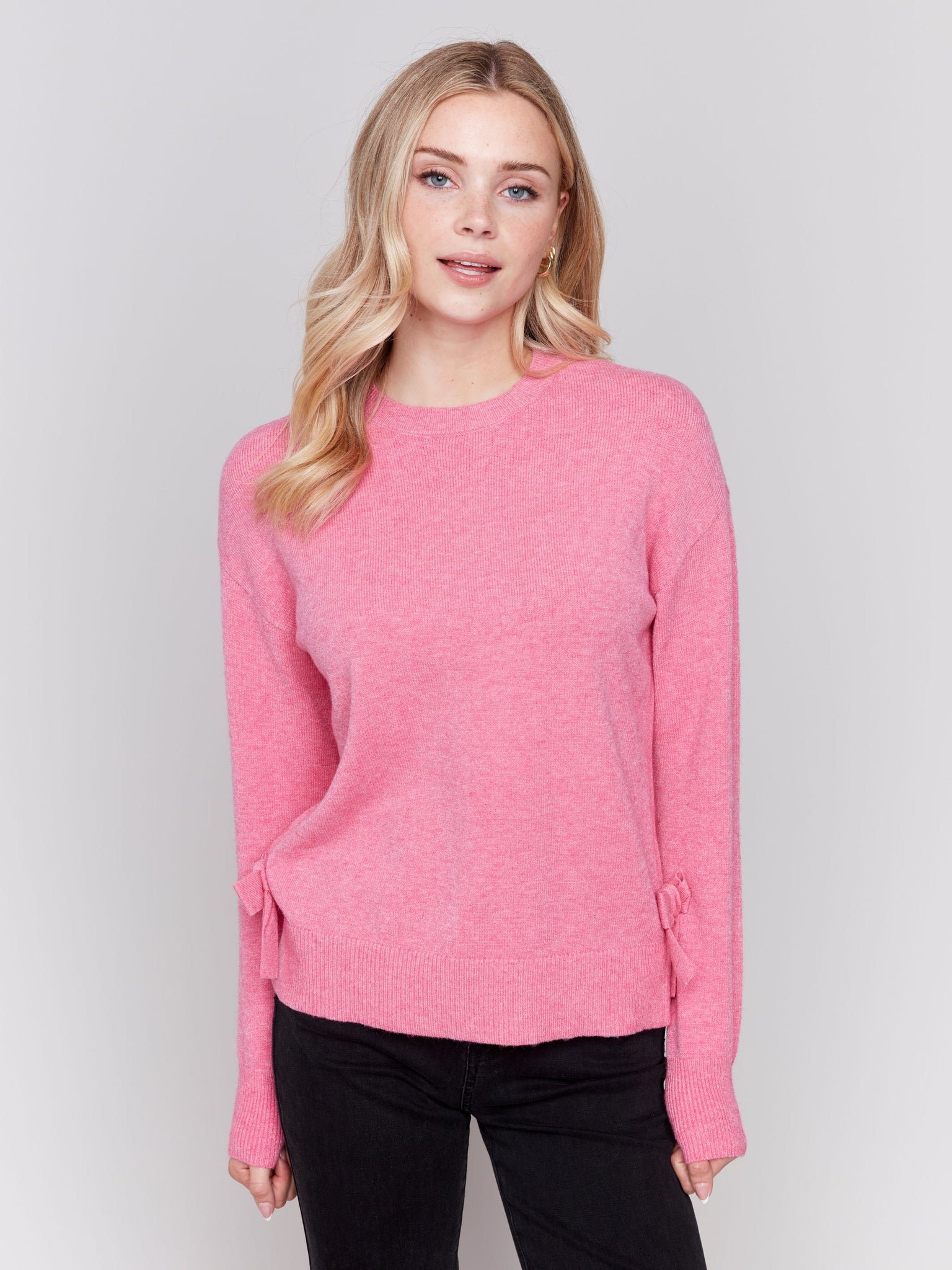 Crew Neck Drop Shoulder Plushy Sweater W/Side Bow Details-Magenta