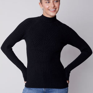 Mock Neck Rib Sweater-Black