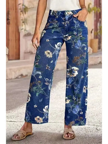 Loose Wasted Fall Floral Print Jean-Blue