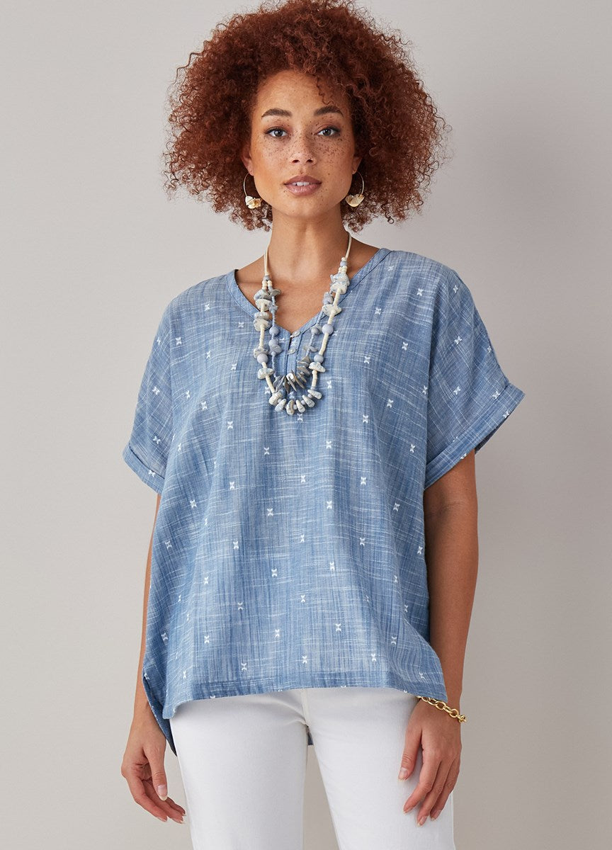 Chambray Dobby Woven Top-Blue