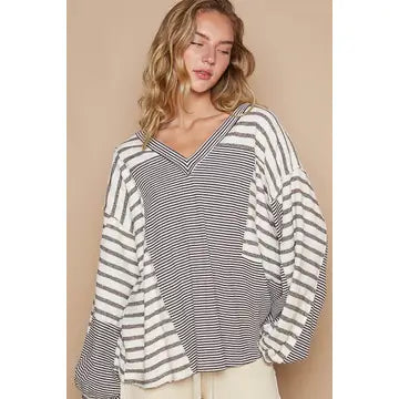 V-Neck Balloon Sleeve Stripe Knit Top-Charcoal