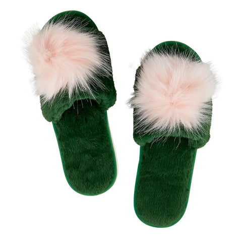 Plush Slippers W/Pom Pom-Green/Pink