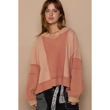 Notched Neck Contrast Fabric Basic Long Sleeve-Brick