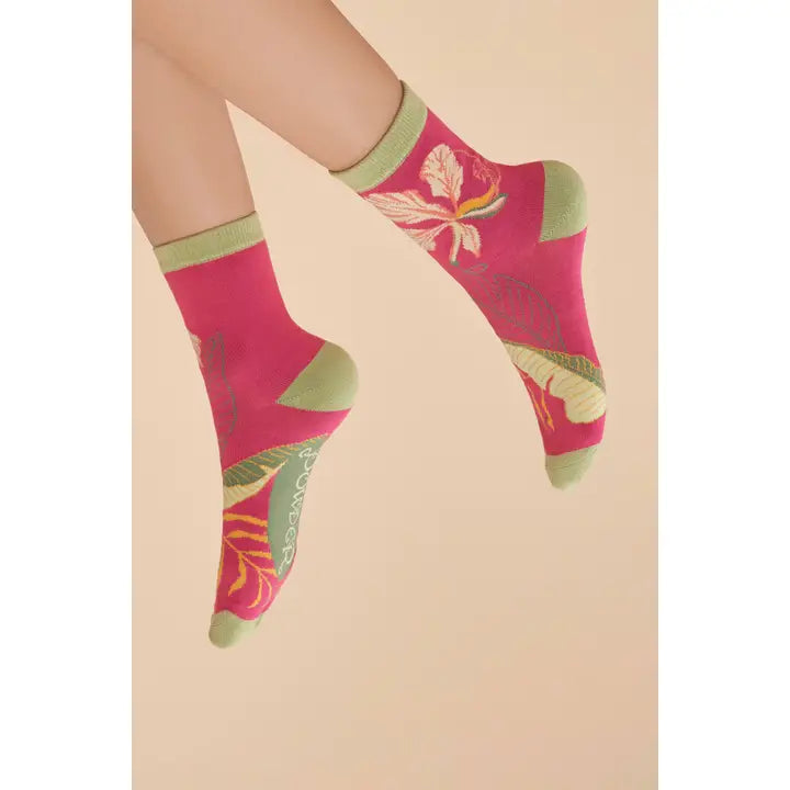 Delicate Tropical Bamboo Mix Ankle Socks-Dark Rose