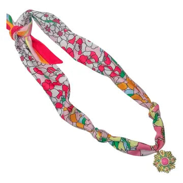 Pink Multi Floral Scarf Charm Necklace W/Pink & Turquoise Starburst