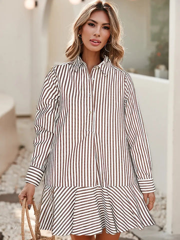 Stripe Ruffled Hem Collard Long Sleeve Shirt Dress-Brown