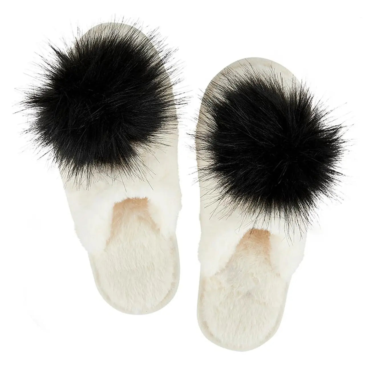 Plush Slipper W/Pom Pom-White/Black