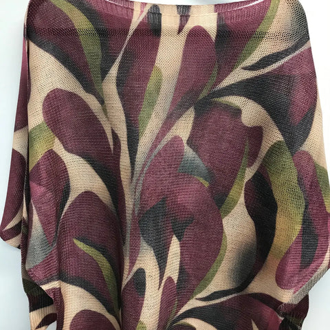 Fall Leaves Round Neck Printed Sweater-Plum