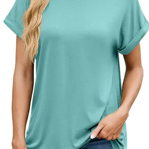 Solid Color Round Loose Neck S/S T-Shirt-Turquoise