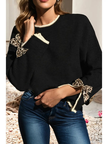 Leopard Bow Decor Contrast Trim Long Sleeve Sweater-Black