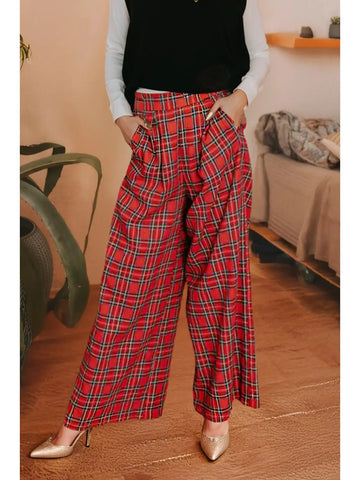 Festive Wide Leg Plaid Pants-Red