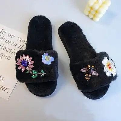 Crystal Flowers & Bee Embellished Slippers-Black