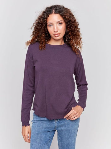 Crew Neck Ripped Edges Drop Shoulder Plushy Sweater-Plum