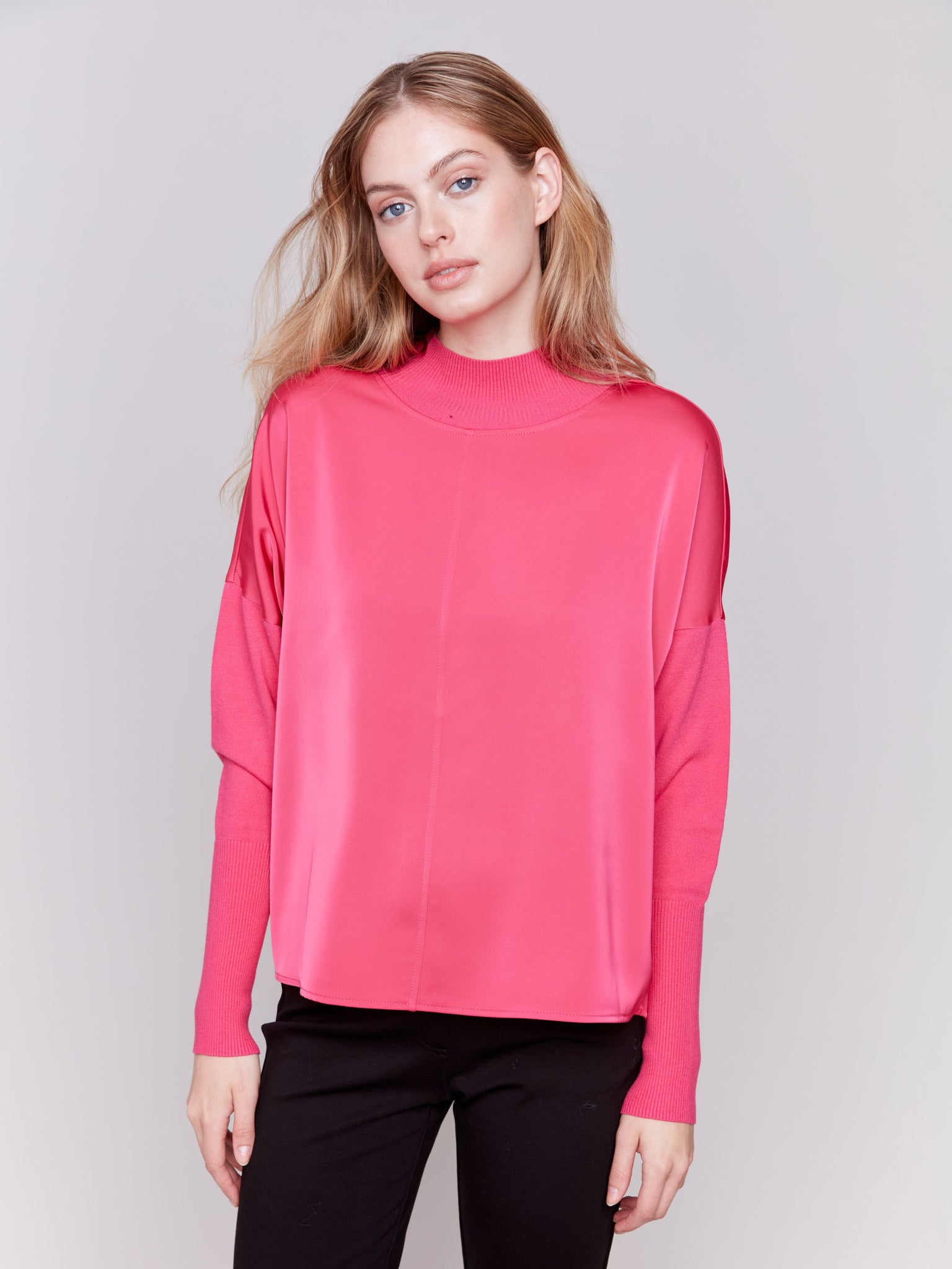 Mock-Neck Satin Knit Combo Drop-Shoulder Top