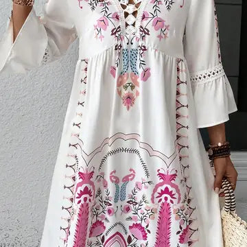 Summer V-Neck Lace Patchwork Casual Print Dress-White