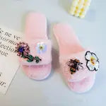Crystal Flowers & Bee Embellished Slippers-Pink