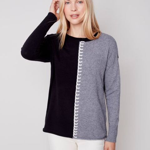 Vertical Color Block Sweater W/Stitch Detail-Black