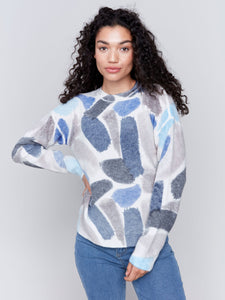 Printed Reversible Crew-Neck Drop Shoulder Reversible Plushy Sweater-Sapphire