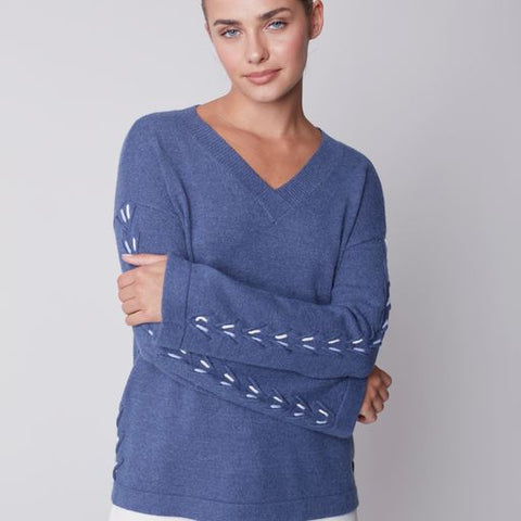 Plush Sweater W/Contrast Stitch Details-Denim