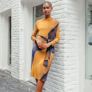 Water Color Print Drape Neck Knit Dress W/Belt-Tan Multi