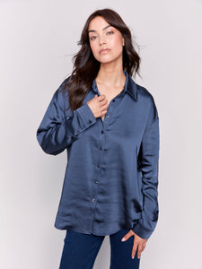 Long Sleeve Silk Button Up Shirt W/Sleeve Tab-Navy