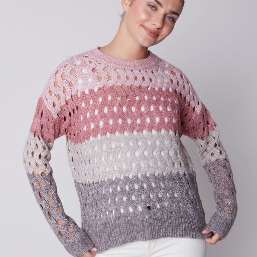 Striped Wavy Net Stitch Sweater-Port