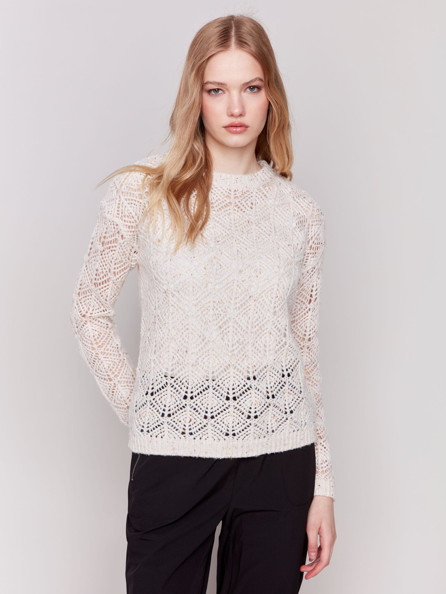 Long Sleeve Crew Neck Crochet Sweater-Oatmeal