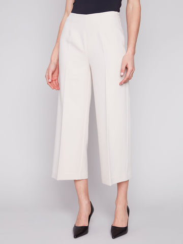 Wide Leg Pants W/Side Zipper-Beige