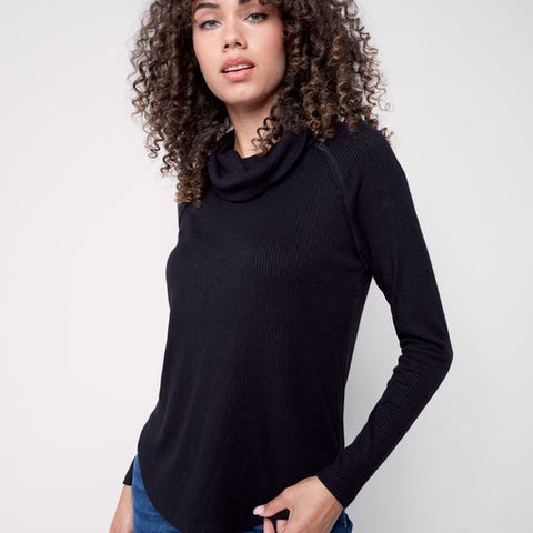 Ribbed Cowl Neck Top-Black
