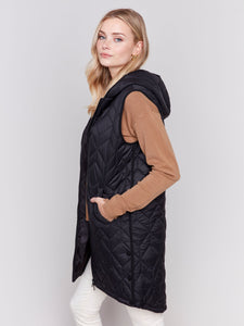 Hooded Sleeveless Quilted Vest W/Pockets-Black