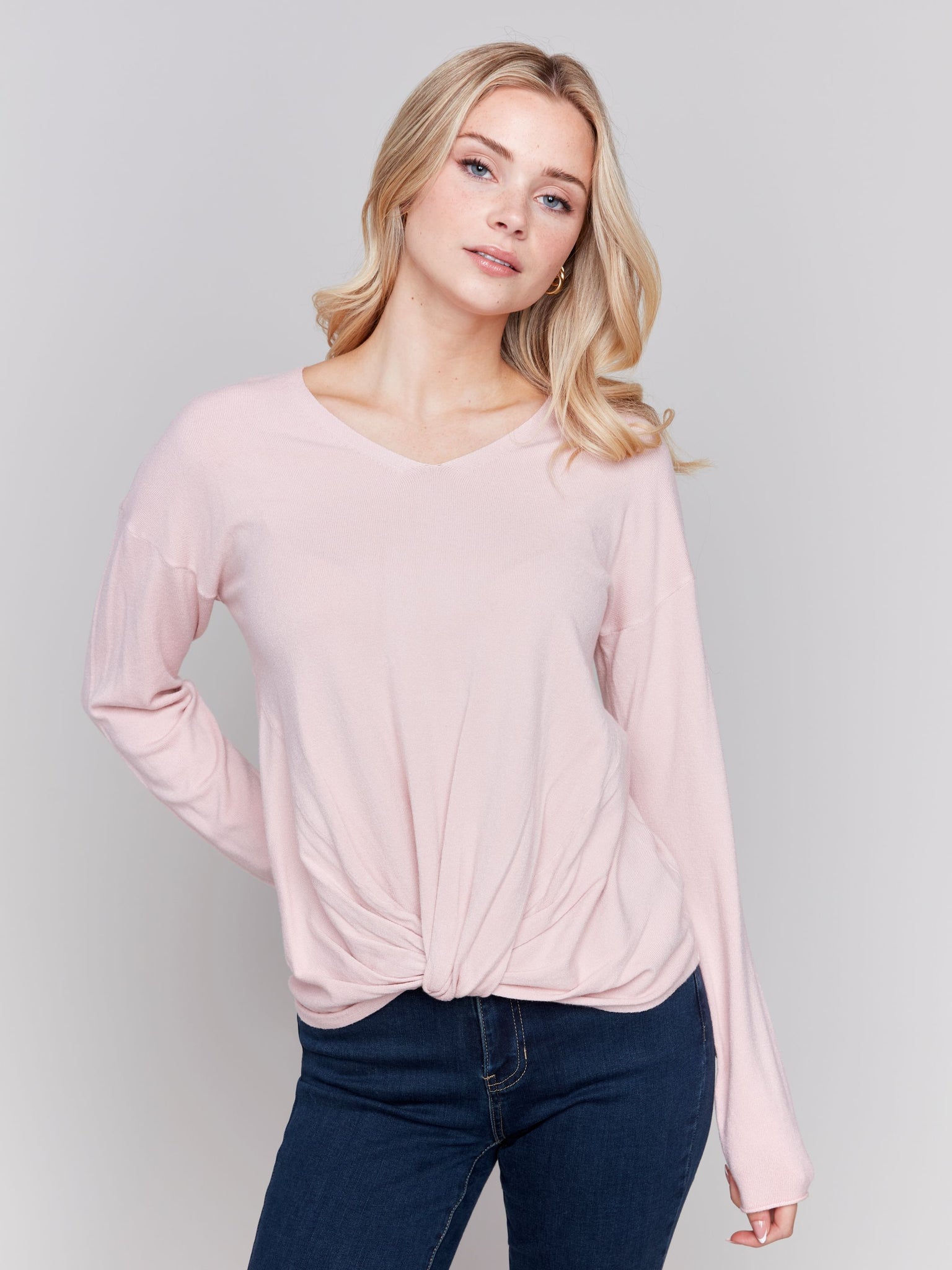 V-Neck Long Sleeve Sweater W/Front Knot Design-Quartz