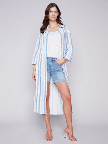 Printed Button Front Collar Long Duster-Nautical