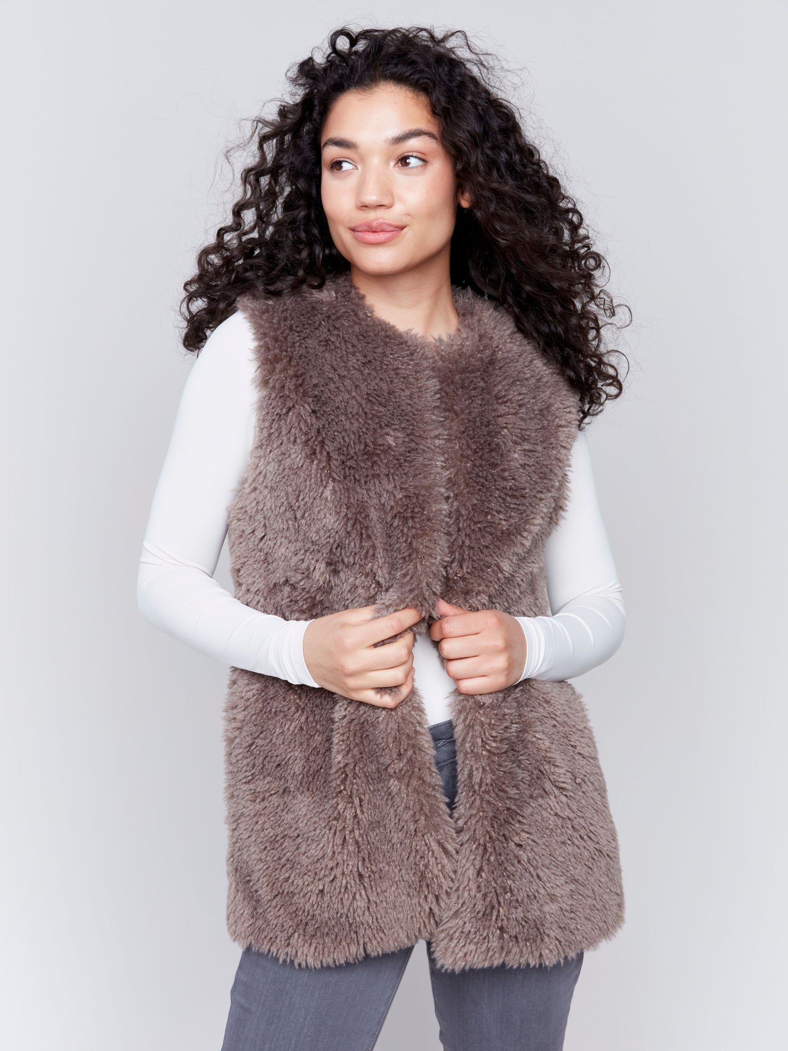 Long Faux Fur Vest-Taupe