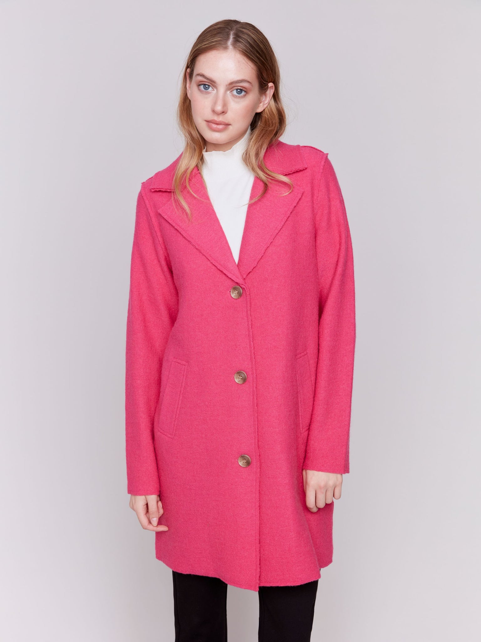 Boiled Wool Long Coat-Magenta