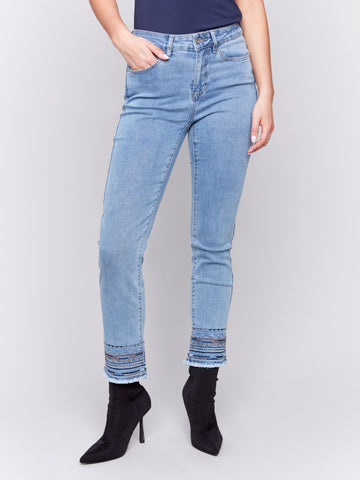 Embroidered Bottom Slim Pant-Lt Blue