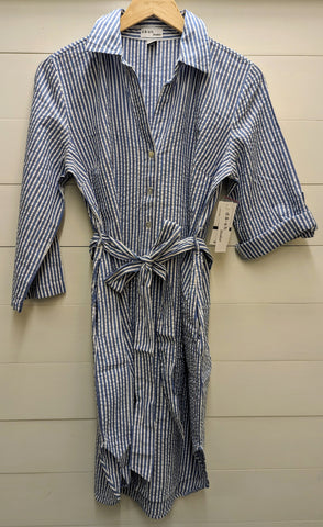 3/4 Sleeve Roll Tab Dress-Searsucker