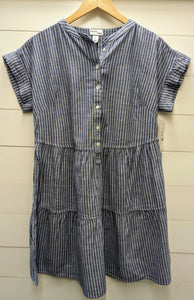 S/S Button Planket Ruffle Dress-Blue Stripe