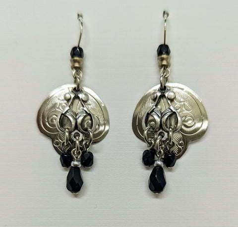 Silver Stamped Earrings W/Long Black Beads