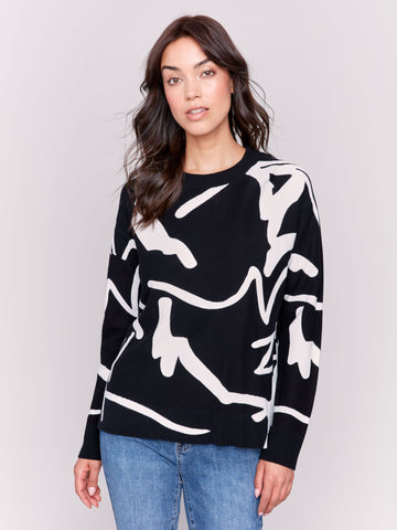 Printed Ottoman Stitch Crew Neck Drop Shoulder Sweater-Pepper